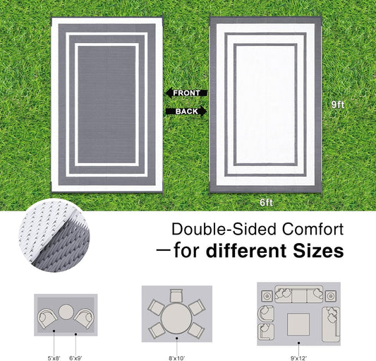 OLANLY Outdoor Rug 6x9 ft Waterproof, Reversible Outdoor Plastic Straw Rug, RV Mat, Indoor Outdoor Carpet Clearance for Patio, Camping, Balcony, Deck, Backyard, Grey & White