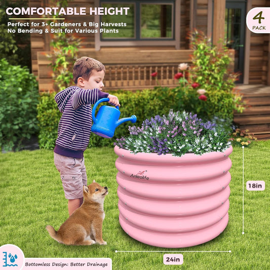 A ANLEOLIFE Kids Raised Garden Beds Outdoor (4-Pack)-24x24x18in Round Galvanized Metal Planter Box for Planting Vegetables, Flowers, Fruits, Eco-Safe & Easy Setup, Blush Pink