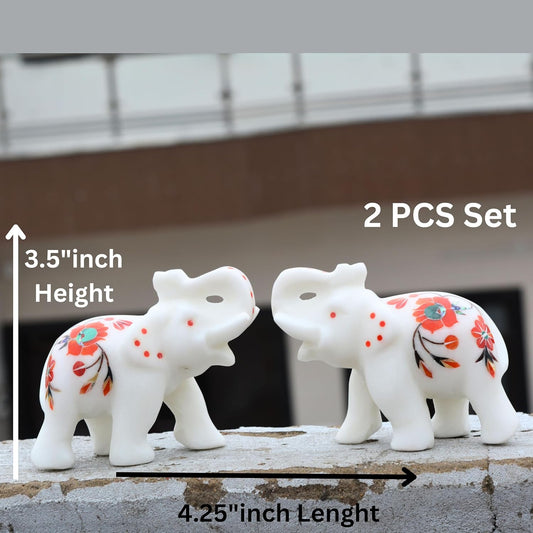 Marble Inlay Elephant Statue 4" Inch (2 Piece) Hakik Stone Inlay Work Semi Precious Stone - Hand Carved Artistic Sculpture Perfect for Home & Office Decor Elegant Decor for Any Space