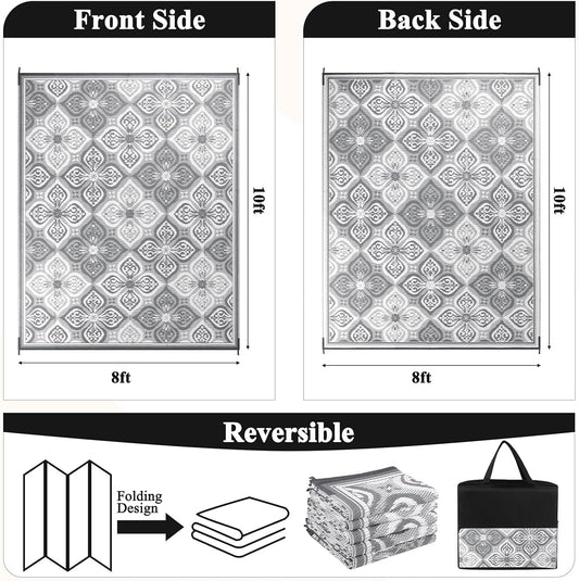 Pauwer Waterproof Outdoor Rug 8x10, Reversible Plastic Straw Patio Camping Rug, Indoor Outdoor RV Mat Carpet for Deck, Camper, Porch, Balcony, Backyard, Picnic, Clover Grey
