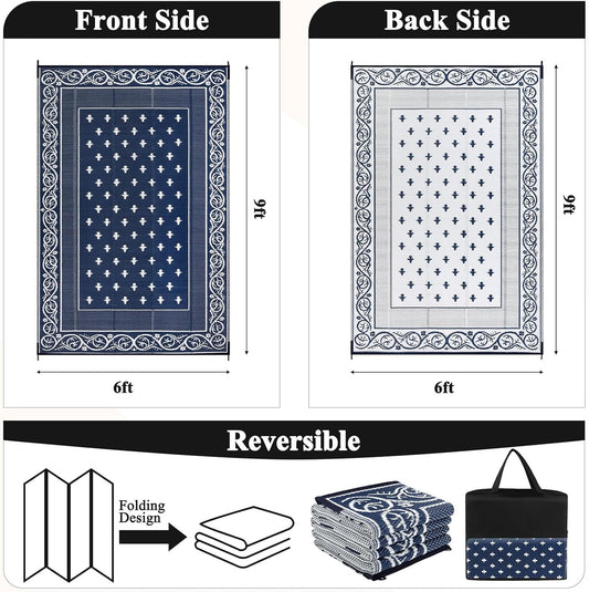 Pauwer Waterproof Outdoor Rug 6x9, Reversible Plastic Straw Patio Camping Rug, Indoor Outdoor RV Mat Carpet for Deck, Camper, Porch, Balcony, Backyard, Picnic, Bordered Navy