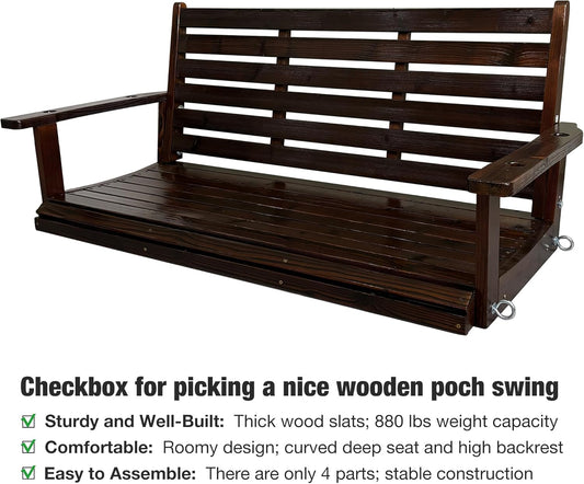 Wooden Porch Swing, Ergonomic Seat, Bench Swing with Hanging Chains and 7mm Springs, Heavy Duty 880 LBS, for Outdoor Patio Garden Yard (Dark Brown, 2-Seater Extra Large)
