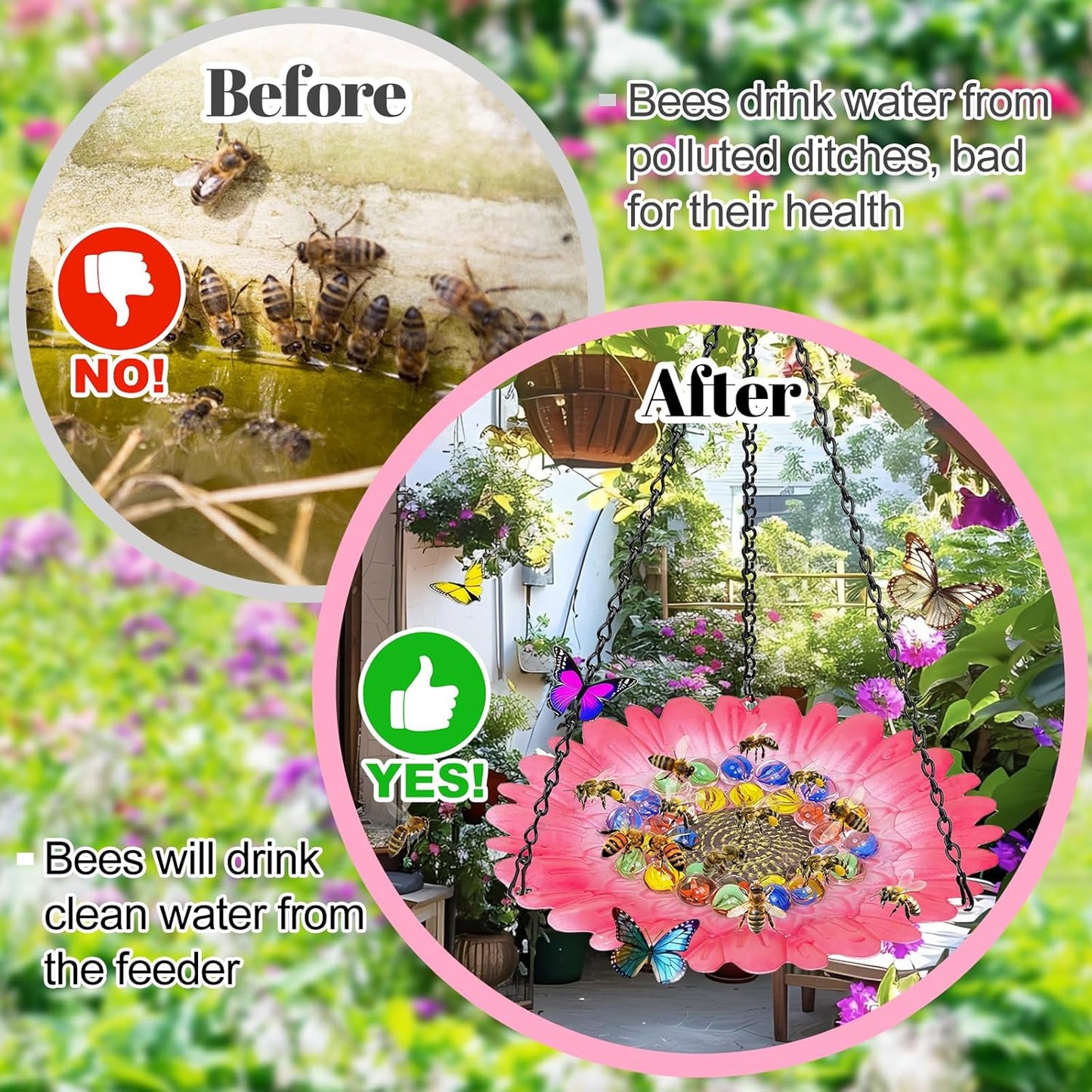 Bee Watering Station for Garden, Bee Bath Feeders for Outside with Vivid Flower Design, Hanging Butterfly Bowl with Glass Balls for Outdoor Courtyard Decoration (2Pcs-Pink)