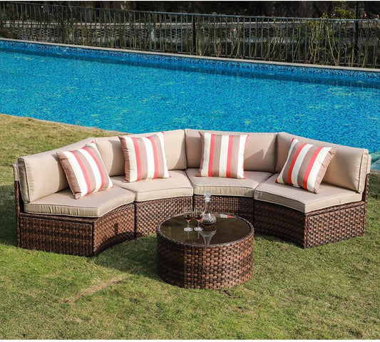 SUNSITT 5-Piece Half Moon Outdoor Sectional Sofa Set with Cover, Patio Brown PE Wicker Furniture with Beige Cushions & Tempered Glass Coffee Table
