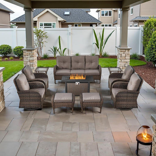 Expansive 10 Pieces Outdoor Patio Furniture Set with 43” Propane Fire Pit Table, Patio Conversation Set with Swivel Rocker Outdoor Chairs Set of 4 and Sofa, Ottoman and Wicker Side Table Brown