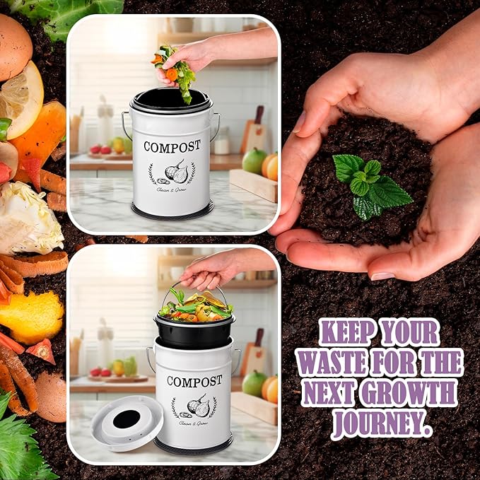 AOSION Countertop Compost Bin Kitchen,Odorless Indoor Compost Bin with Lid and Compost Bags,Compost Bucket Composter Container for Food Waste,White