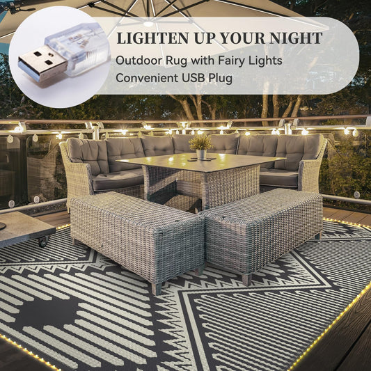 MontVoo Outdoor Rug with Led String Strip Lights 8x10 ft Waterproof Outdoor Patio Rug Mat Reversible Plastic Straw Rug Outside Outdoor Rug for RV Camping Picnic Balcony Fairy Boho Outdoor Decor