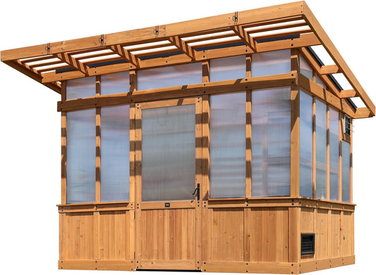 Backyard Discovery Poppy 11' x 7' Cedar Wood and Polycarbonate Walk-In Greenhouse Kit with Exhaust Fan, Windows, Hose Hook-Ups, PowerPort, Staging Shelves, Plant Hooks for Year-Round Outdoor Gardening