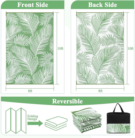 Pauwer Waterproof Outdoor Rug 8x10, Reversible Plastic Straw Patio Camping Rug, Indoor Outdoor RV Mat Carpet for Deck, Camper, Porch, Balcony, Backyard, Picnic, Leaf Green