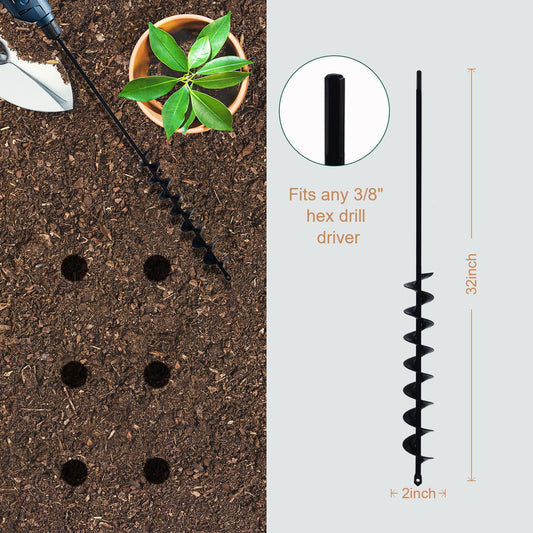 32" x 2" Extended Length Auger Drill Bit for Planting Bulb & Bedding Plant Auger, Garden Plant Auger, No Need to Squat Post Hole Digger for 3/8" Hex Drive Drill, Earth Auger Bulb Planter Tool