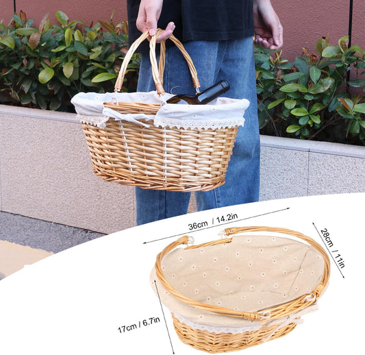 Large Multipurpose Wicker Basket with Handle, 14.2 x 11 x 6.7 Inch Wicker Picnic Basket with Liner, Empty Gift Basket, Oval Willow Woven Basket for Fruit, Wine, Gathering, Wedding, Picnic,by GNIEMCKIN
