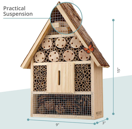 I Large Insect Hotel with bark roof Natural, Weatherproof, Insect House Made of Natural Wood for Bees, Ladybugs, lacewings, Butterflies, bee Hotel, Nesting aid for Hanging