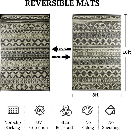 8'x10' Plastic Outdoor Rug - Plastic Straw Rug-Heavy-Duty Waterproof Mat, UV & Fade Resistant for Patio, Camping, RV, Deck, Balcony(8x10,Black&Beige)
