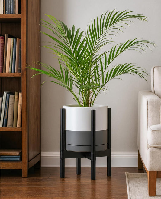 D'vine Dev Ceramic Planter with Ebony Stand - 10 Inch Modern Round Flower Pot with Wood Planter Holder, White/Grey, 55-B-L-6