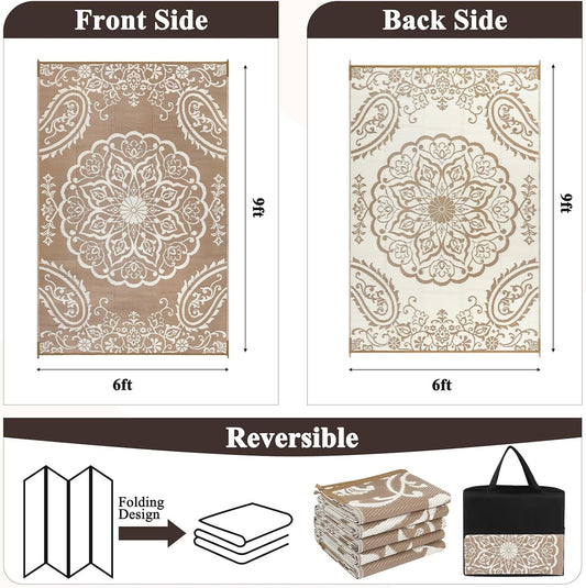 Pauwer Waterproof Outdoor Rug 6x9, Reversible Plastic Straw Patio Camping Rug, Indoor Outdoor RV Mat Carpet for Deck, Camper, Porch, Balcony, Backyard, Picnic, Boho Brown