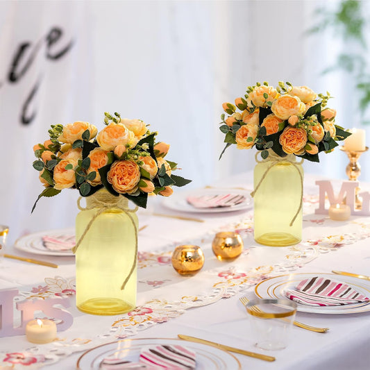 Vintage Glass Flower Vase,12 Pack Gold Amber Farmhouse Glass Centerpiece Vases Mason Jars for Weddings, Parties & Home Decor Bulk (12, Gold)