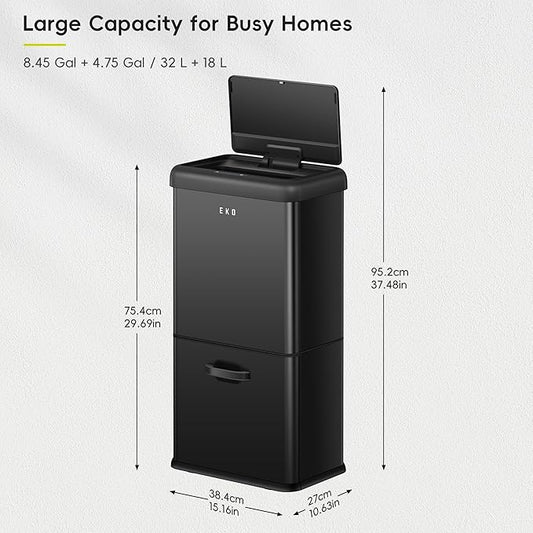 EKO Vintage 50L / 13.2 Gallon Motion Sensor Trash Can, Dual Compartment 32L + 18L Stainless Steel Kitchen Garbage Bin, Touchless Automatic Waste & Recycling Bin with Lid for Home Office, Matte Black