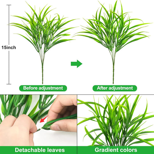 Ouddy Decor 16 Bundles Artificial Plants Outdoor Fake Grass Greenery Stems UV Resistant Faux Plastic Shrubs for Spring Summer Garden Pathway Window Box Front Porch Home Decor, Green
