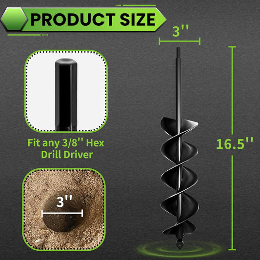 SYITCUN Auger Drill Bit for Planting 3"x16.5" Solid Shaft Garden Spiral Drill Bit for Bulb Bedding, Post Hole Auger for 3/8β Hex Drive Drill
