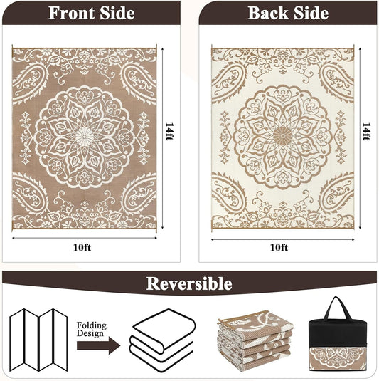 Pauwer Waterproof Outdoor Rug 10x14, Reversible Plastic Straw Patio Camping Rug, Indoor Outdoor RV Mat Carpet for Deck, Camper, Porch, Balcony, Backyard, Picnic, Boho Brown