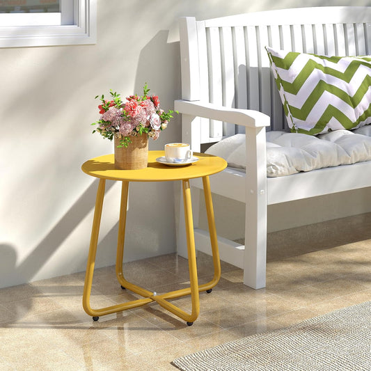 HollyHOME Round Metal Side Table, Rust-Resistant Patio Small Plant Stand, Outdoor 17.32'' Portable End Table for Balconies, Gardens, Living Rooms and Bedrooms, Yellow