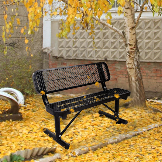 4 Feet Heavy Duty Park Bench with Back Portable Frame, Outdoor Steel Bench with Backrest, Expanded Metal Mesh Bench for Lawn, Park, Deck, Garden, Patio, Porch, Black