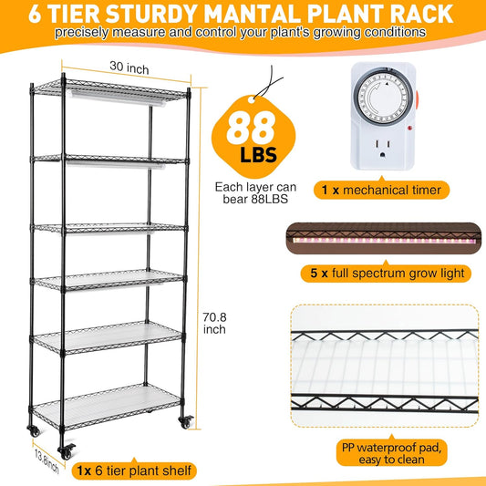 Meonum Plant Shelf with Grow Lights, 5.9FT 6 Tier DIY Metal Grow Rack, Indoor Greenhouse with 90W LED Full Spectrum Growing Lamps, Mechanical Timer, PP Waterproof Pads for Indoor Seed Starting