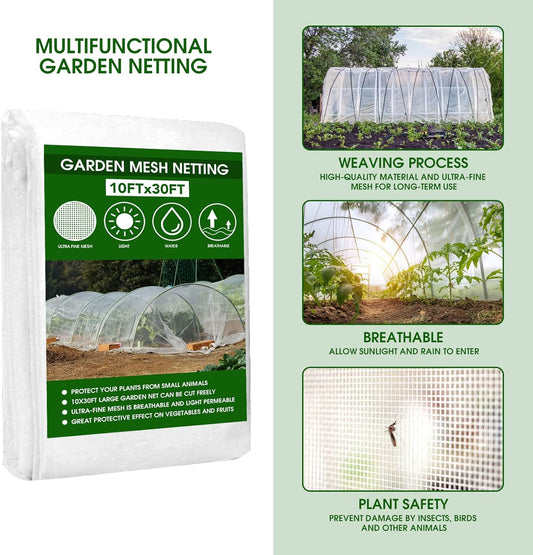 Garden Mesh Netting Kit - 10x30ft Ultra Fine Mesh with 6 Sets Hoops & 12 Clips, Bird Netting Protection for Fruit, Vegetable, Flowers & Animals, Greenhouse Cover