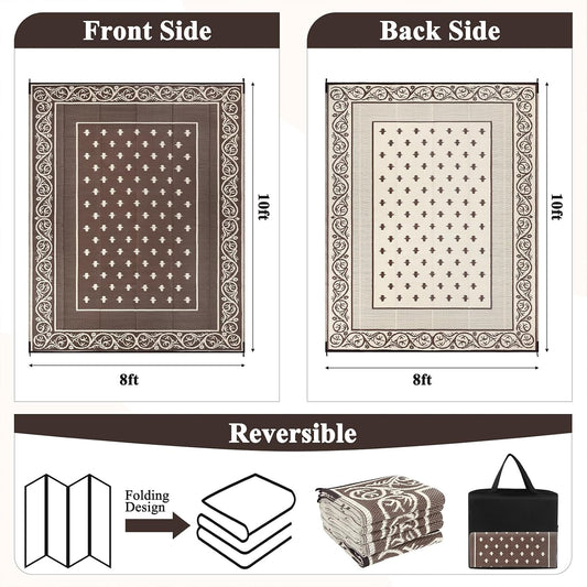 Pauwer Waterproof Outdoor Rug 8x10, Reversible Plastic Straw Patio Camping Rug, Indoor Outdoor RV Mat Carpet for Deck, Camper, Porch, Balcony, Backyard, Picnic, Bordered Brown