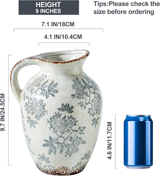 Enra Vintage vase with Handle,Blue and White Ceramic Decorative Flower vase, Chinoiserie Floral Vase,Large Rustic Vases for Home Decors, Living Room, Bookshelf, Office,9.7 inch