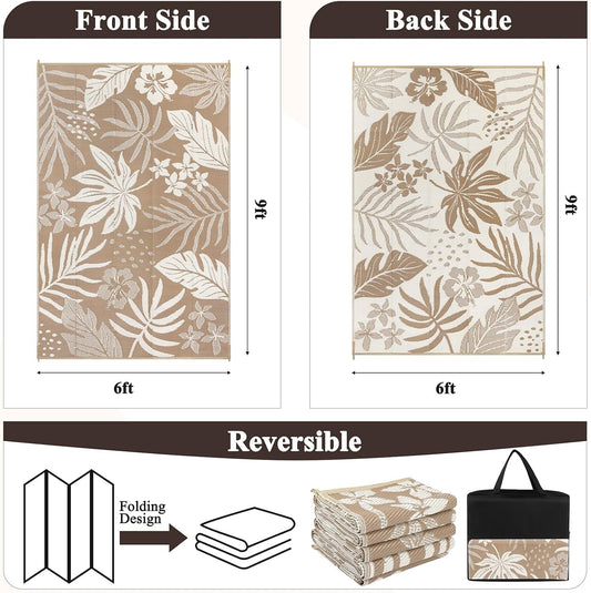 Pauwer Waterproof Outdoor Rug 6x9, Reversible Plastic Straw Patio Camping Rug, Indoor Outdoor RV Mat Carpet for Deck, Camper, Porch, Balcony, Backyard, Picnic, Floral Brown