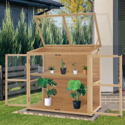 Macrout Wooden Cold Frame Greenhouse Cabinet Kit with Adjustable Shelf and Lockable Door, Fully Transparent Polycarbonate Greenhouse for Outdoor Indoor Use, 0718