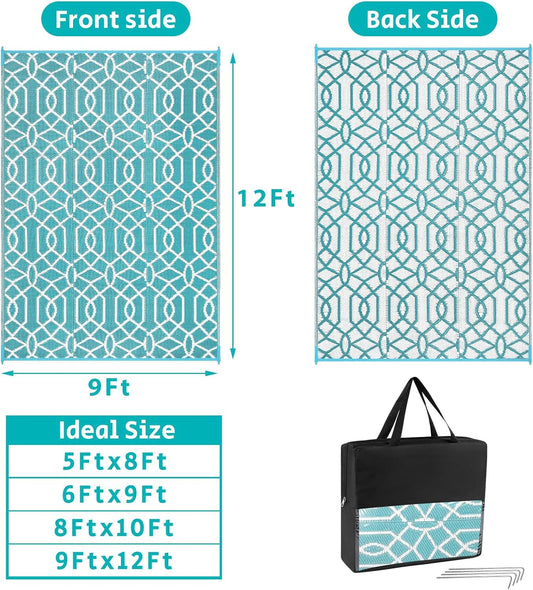 HEBE Outdoor Rug Waterproof 9x12, Reversible Plastic Straw Rug RV Camping Rug, Indoor Outdoor Patio Mat Clearance, Outside Carpet for Porch,Deck,Camper,Balcony,Backyard,Picnic