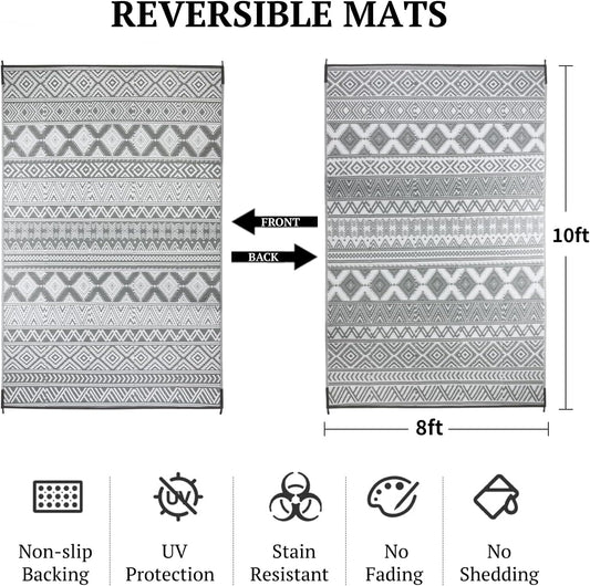 8'x10' Reversible Outdoor Rug - Eco-Friendly Plastic Straw Rug-Heavy-Duty Waterproof Mat, UV & Fade Resistant for Patio, Camping, RV, Deck, Balcony(8x10,Gray&White)