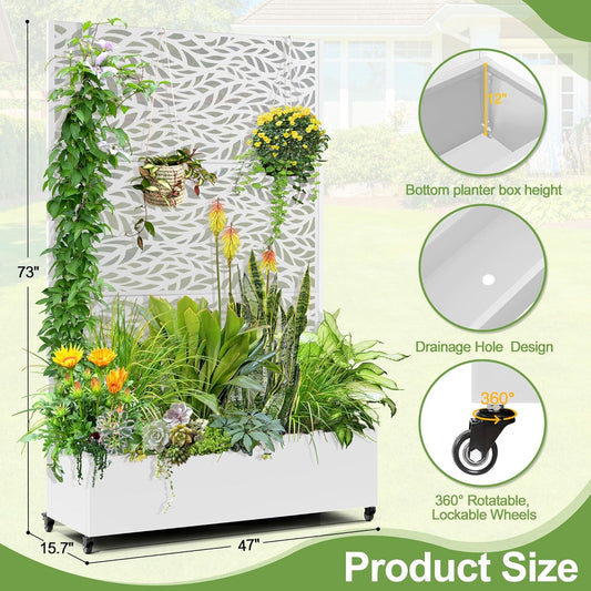 Raised Garden Bed with Trellis and Wheels,73"x47"x16" Metal Raised Garden Bed,White Flowing Leaf Metal Planter with Climbing Trellis for Vines & Vegetables