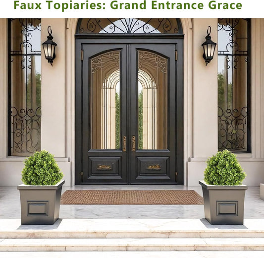 27“ Realistic Artificial Boxwood Topiary Trees Set of 2, Faux Boxwood Plants Outdoor UV-Resistant, No Maintenance Curb Appeal Fake Evergreen Bushes & Shrubs for Front Porch Outside Planter Decor