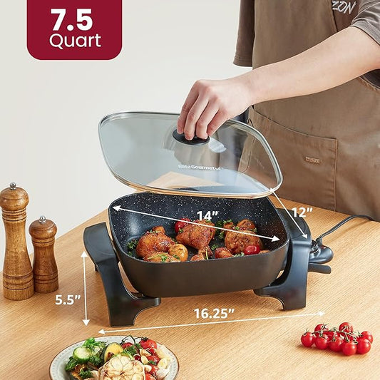 Elite Gourmet EG6201 Extra Deep 12"x12"x3.2" (7.5Qt.) Scratch Resistant Dishwasher Safe, Non-stick Electric Skillet with Glass Vented Lid, Adjustable Temperature, Black