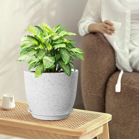 9/8/7.5 inch Flower Pots, Set of 3 Modern Decorative Plastic Planters with Drainage Holes and Saucers for Garden House Plants, Plant Pots for Indoor Outdoor Plants, Speckled White