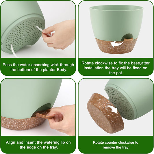 Plant Pots 10/9/8 Inch Self Watering Pots, Set of 3 Plastic Planters with Drainage Holes and Saucers,Plastic Flower Pots,Nursery Planting Pot for Indoor Out Door Plants(Green)
