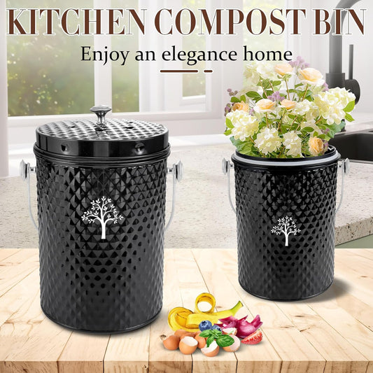 AOSION Countertop Compost Bin Kitchen,Odorless Indoor Compost Bin with Lid and Compost Bags,Compost Bucket Composter Container for Food Waste,Black