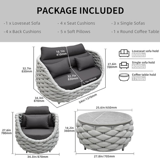 Aluminum Outdoor Patio Furniture Set with Coffee Table, 6 Piece Patio Conversation Sets with Washable Cushions Covers, Patio Sectional Furniture Set for Porch, Balcony, Deck, Yard