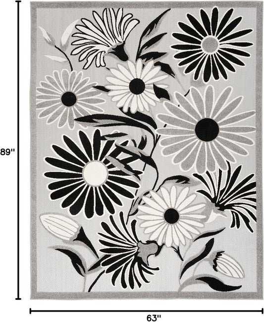 Nourison Home Aloha Indoor/Outdoor Black White 5'3" x 7'5" Area Rug, Easy Cleaning, Non Shedding, Bed Room, Living Room, Dining Room, Kitchen (5x7)