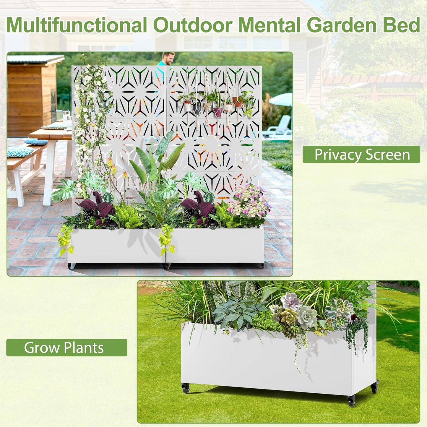 Raised Garden Bed with Trellis and Wheels,73"x35"x16" Metal Raised Garden Bed,White Star Metal Planter with Climbing Trellis for Vines & Vegetables