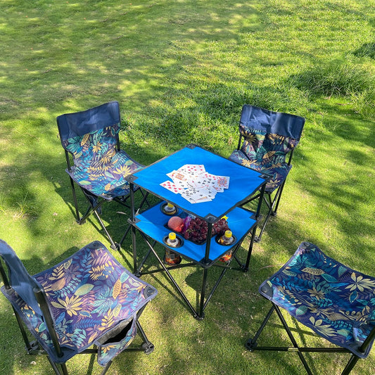 Portable Folding Camping Table with Cup Holders – Lightweight & Compact 2-Tier Outdoor Table with Storage, Ideal for Card Games, Snacks, Picnic, Tailgating & Camping (Blue + Black)