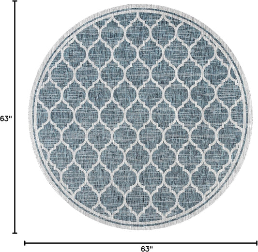 Eyely BMS109E-5R Santa Monica Trebol Moroccan Trellis Textured Weave Indoor/Outdoor Area Rug Coastal;Bohemian, Bedroom, Backyard, Patio, Easy-Cleaning, Non-Shedding, 5' Round, Teal/Gray