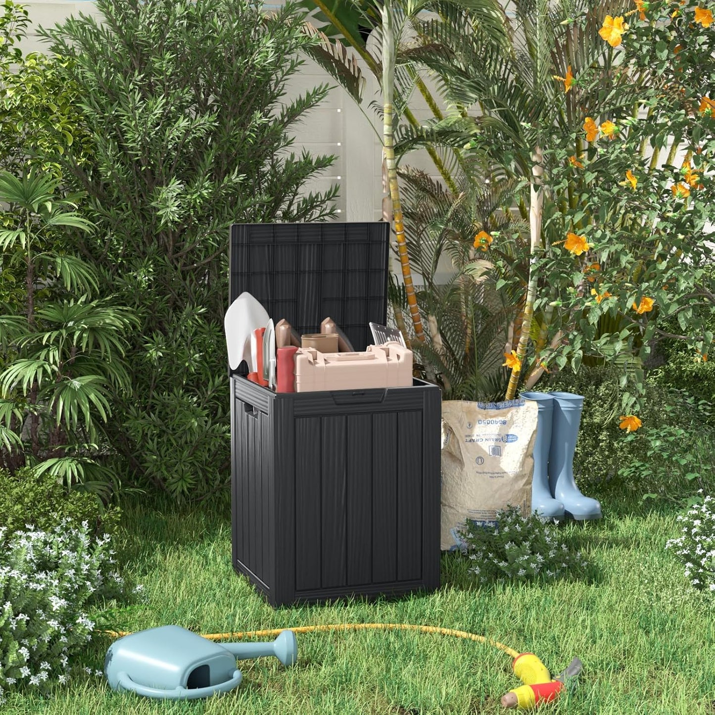 28 Gallon Resin Deck Box, Lockable Outdoor Storage Box for Patio Cushions Storage Furniture,Garden Tools, Pool Supplies, Weatherproof and UV Resistant(Black)