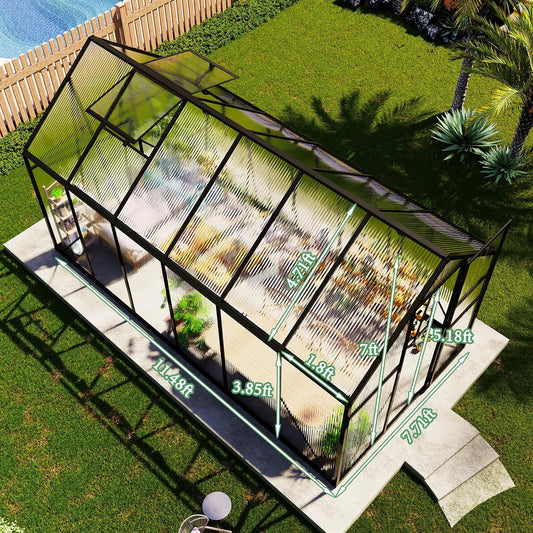 Amerlife 8x11.5x7 FT Polycarbonate Greenhouse for Outdoors, Walk-in Design with Aluminum Frame, 2 Windows and Swing Door, Heavy-Duty Greenhouse Construction for Garden, Black