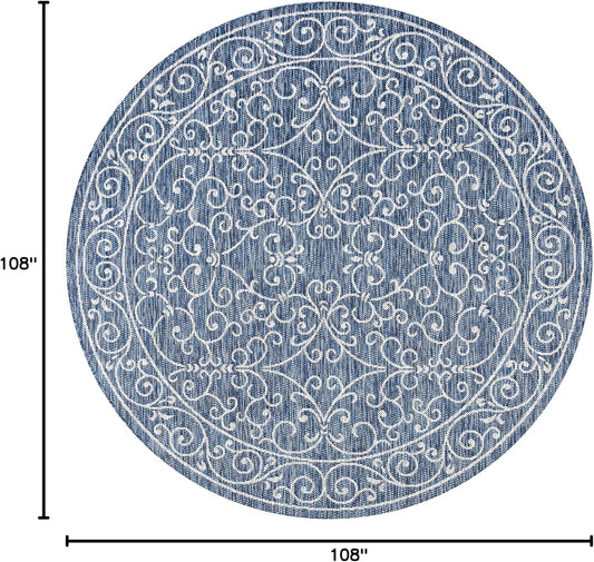 JONATHAN Y SMB106D-9R Charleston Vintage Filigree Textured Weave Navy/Gray 9' Round Indoor/Outdoor Area Rug, Pet Friendly, Non-Shedding, Stain Resistant, Easy-Cleaning for Backyard, Patio, Porch