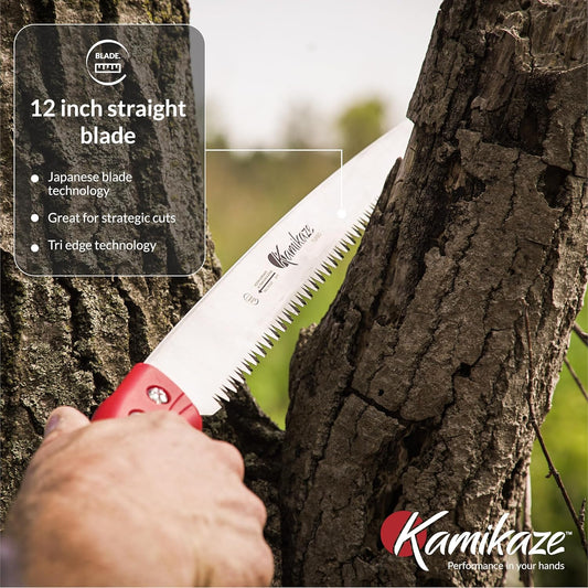 EZ Kut Kamikaze Straight Blade Pruning Saw โ 18" Heavy Duty SK5 Carbon Steel โ Japanese Pull-Cut Technology โ Ergonomic Anti-Fatigue Grip โ Tree Trimming Hand Saw with Scabbard