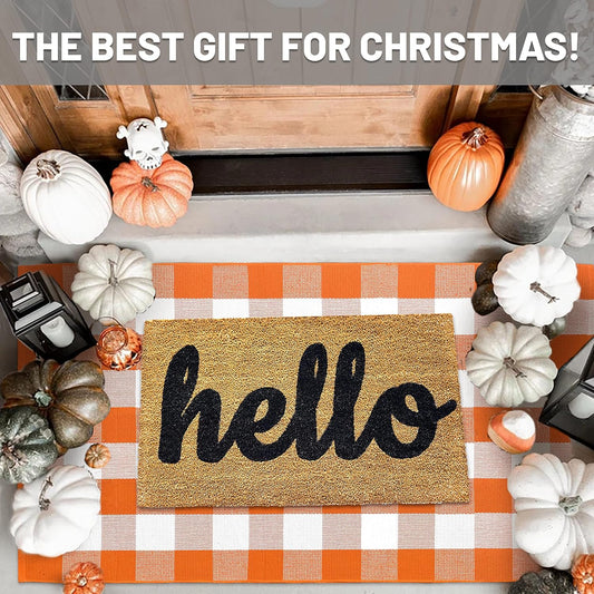 IOHOUZE Fall Buffalo Plaid Check Rug Outdoor Doormat 3x5 Ft Washable Woven Outdoor Indoor Welcome Mats for Front Door/Farmhouse/Entryway/Home Entrance Orange and White Outdoor Rug
